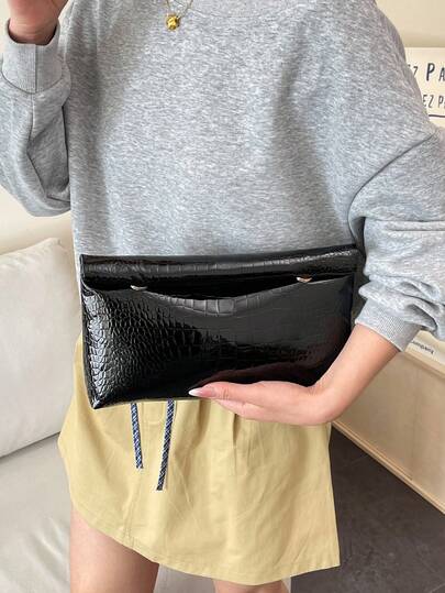 Fashionable Solid Color Handbag, PU Material Large Capacity Flip Magnetic Buckle Small Square Bag, Crocodile Pattern Women's Bag, Versatile Party And Dinner Bag, Suitable For Women's Travel And Shopping