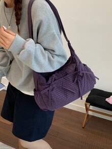 新款格子蝴蝶结抽绳云朵褶皱单肩斜挎包 女士 - 紫色 - 查看 5