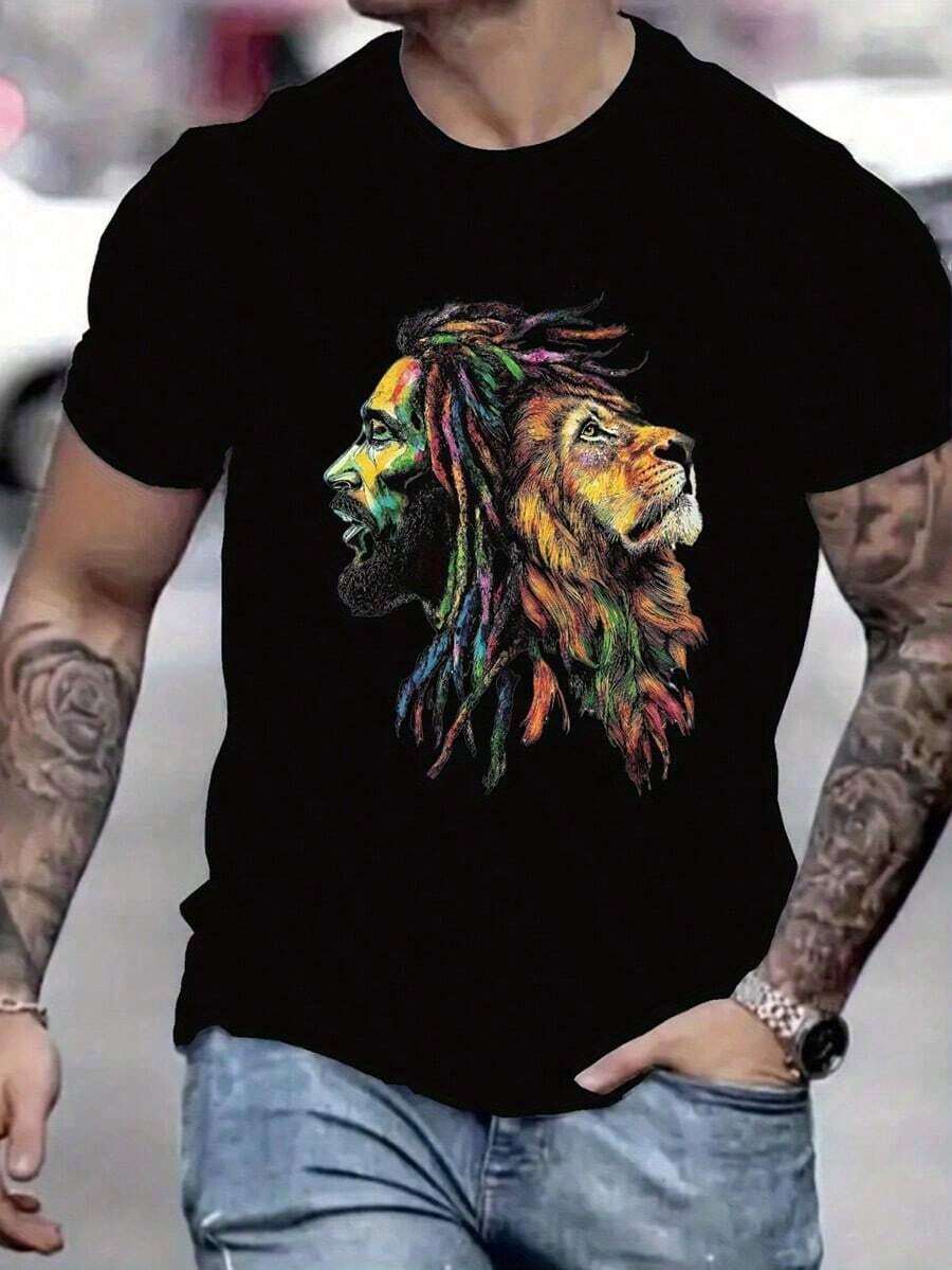 Men's Graphic-Shirt - White Crew Neck Summer Tee With & Lion Design Lightweight Casual Shirt Everyday & Themed Events Tee Shirts Streetwear Style Printed Design Soft Texture Short Sleeve Top Music FansFreedom ShirtHalloween Costumes MenChristmasFunny ShirtGraphic TeeVintage Western Graphic Tees Men Clothes Camisas Para Hombre Graphic Tees Women Clothes Summer Tops Summer Clothes Graphic Tee Shirts - 黑色 - 查看 1