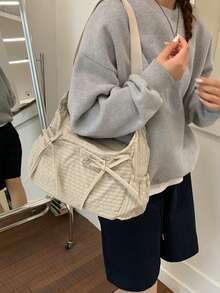 New Plaid Bow Drawstring Cloud Pleated Shoulder Bag Crossbody Bag For Women - Beige - View 5