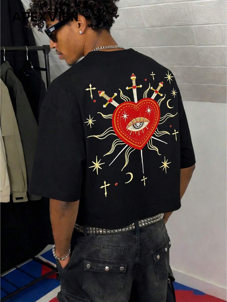 Dark Street 复古爱心刺绣短袖T恤，夏季小众宽松百搭短款T恤 - 黑色 - 查看 1