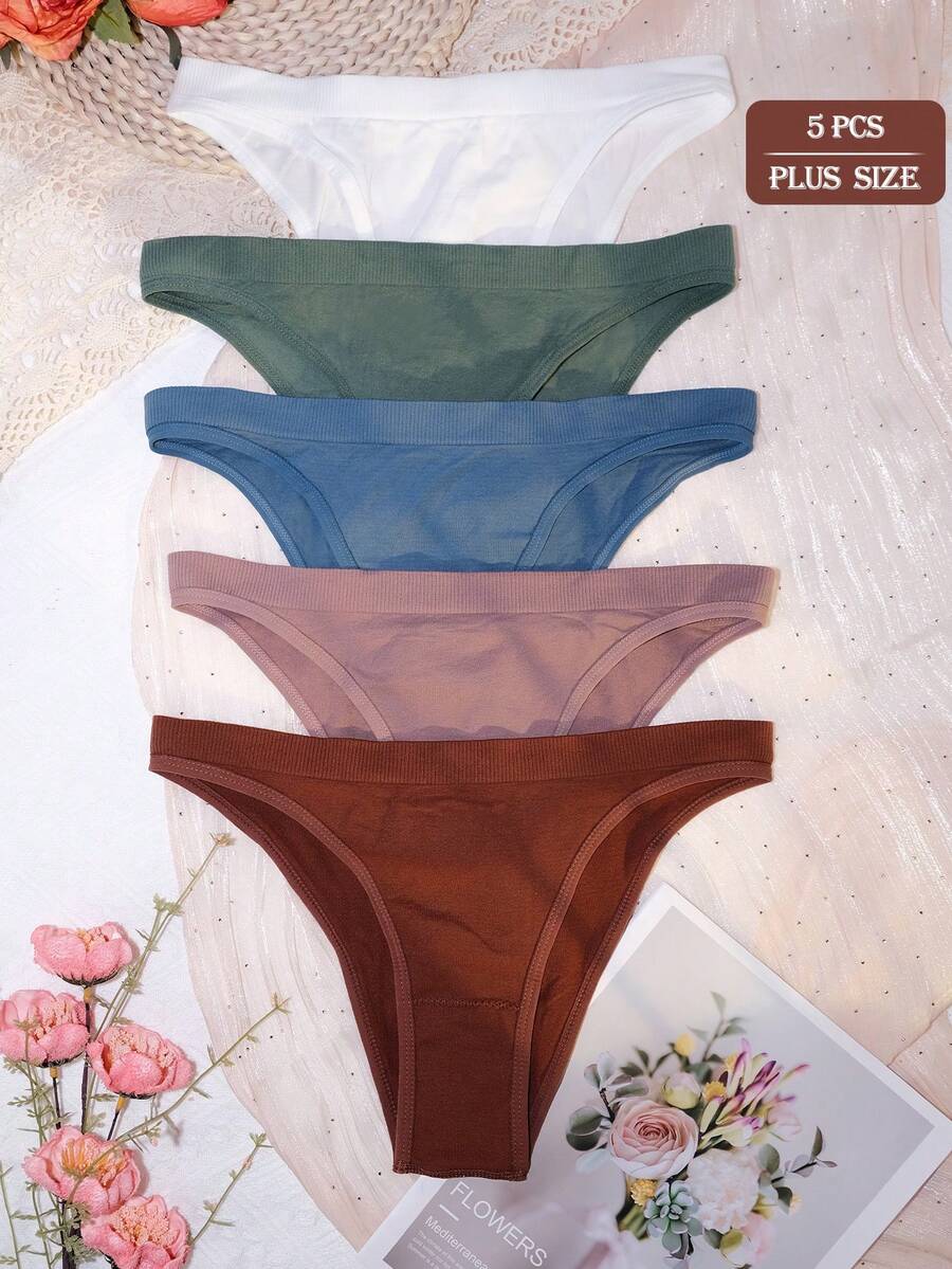 5pcs/Pack Plus Size Women's Sexy Basic Solid Color Comfortable Knit Low-Waist Soft Thong Panties, Suitable For All Seasons Daily Wear - Multicolor - View 1