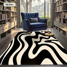 Luxurious Black And White Zebra Stripe Rug - Large Rectangular Black And White Abstract Wave Pattern Carpet, Soft Texture, Machine Washable, Available In Black, Beige, Brown For Living Room, Bedroom, Hallway, Large Sizes Available, Modern Decor, High-Quality Fabric Base, Multifunctional Home Accessory, Pet-Friendly, Indoor Designer - 簡約款 - 查看 6