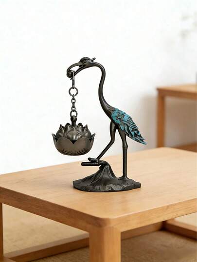 1pc New Chinese Style Crane Holding Lotus Hanging Incense Burner, Antique Bronze Zen Decor, Indoor Home Use Sandalwood Incense Holder, Hollow Lotus Flower Hanging Censer, Tea Room Aromatherapy Furnace, Living Room Study Vintage Craft Gift For Elders, Leaders, Culture Enthusiasts