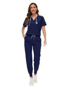Scrubs Women Nursing Beauty SPA Scrubs Pet Clinic Store Veterinary Dentistry Work Clothes Set High-Quality Nurse Scrub Spring Black - Màu xanh hải quân - Xem 7