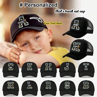 1pc Cartoon Dinosaur & 26 Letter Print Personalized Kids Truck Mesh Cap, Fashionable Versatile Baseball Hat, Suitable As Gift, For Boys Daily, Travel, Camping, Hiking
