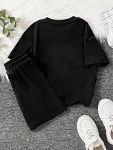 Ensemble short et t-shirt manches courtes pour garçons, couleur noire résistante, t-shirt imprimé de lettres colorées et cool, tissu doux et confortable, pour l'été - Noir - Voir 2
