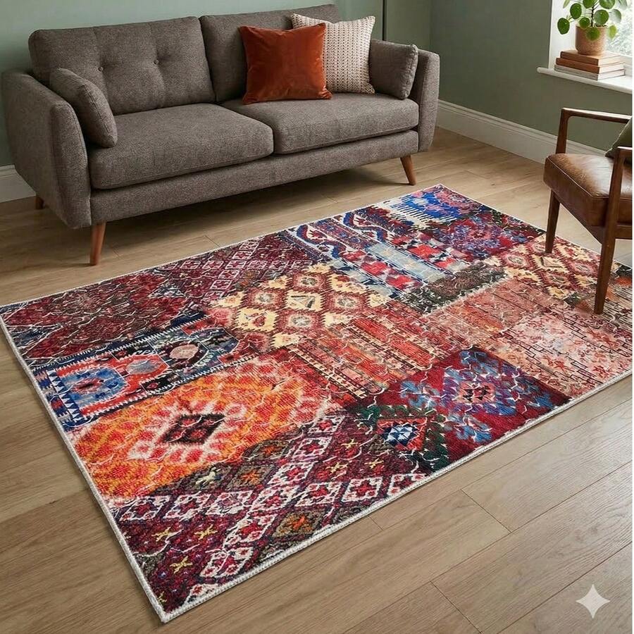 Modern Boho Ethno Print Non-Slip Carpet for Living Room, Bedroom & Minimalist Home Decor ,Vintage Ethno SRug 80x200 cm, 80x300 cm,100x200 cm, 120x180 cm - 紅色 - 查看 1