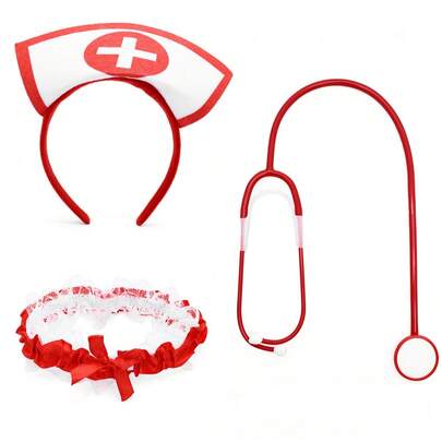 Bộ phụ kiện trang phục y tá 3 món, bao gồm mũ y tá đỏ, băng đô, ống nghe và dây nịt ren, thích hợp cho Halloween, Ngày Valentine và các bữa tiệc cosplay.