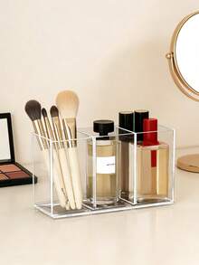 1 pieza Caja de almacenamiento de maquillaje y suministros de oficina de múltiples compartimentos de acrílico transparente - Organizador de escritorio con 3 ranuras y soporte para brochas, soporte de tocador ahorrador de espacio, caja organizadora de escritorio de plástico duradero (caja de almacenamiento para decoración del hogar), organizador de maquillaje, decoración de dormitorio, decoración del hogar - transparente - Ver 10