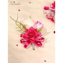Hot Pink Prom Corsage And Boutonniere Set, Artificial Calla Lily & Rose Wrist Corsage Wristlet For Homecoming, Formal Dance, Wedding Flowers Accessories Party Suit Decorations - Hồng - Xem 6