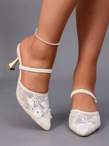 1 Pair Teenagers' Summer High Heel Sandals, White Uppers With Embroidery Pattern, Pointed Toe Pastoral Style High Heels, Elastic Band Slip-On Sandals, Suitable For Picnics, Parks, Outfits, Shopping And Various Occasions - White - View 6