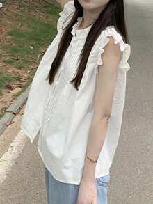 格子荷叶边无袖宽松衬衫，夏季 - 白色 - 查看 4