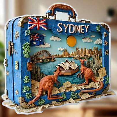 Nam châm hình vali cổ điển in hình các địa danh nổi tiếng của Sydney: Vali màu xanh lam bạc màu với các góc kim loại và tay cầm bằng da, hình Nhà hát Opera Sydney, Cầu Cảng Sydney và Kangaroo, chữ "SYDNEY" mạ vàng nổi bật – Một kỷ niệm đáng nhớ về những chuyến phiêu lưu ở Úc dành cho tủ lạnh của bạn.