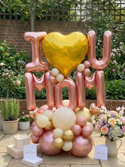 32pcs/Set Mother's Day Party Decoration Balloon Set, "I Love Mom" Slogan Foil Balloons, 18" Gold Heart Foil Balloon, 10" Rose Gold/Gold/Macaron Yellow Latex Balloons, Suitable For Mother's Day Confession, Mom's Birthday, Wife's Birthday Decor