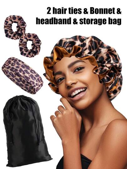 5pcs/Set Leopard Print Satin Hair Bonnet With Wide Brim, Hair Scrunchies, Elastic Headband, 1 Satin Bags Non-Slip Hair Hoop For Yoga, Gym, Sports, Soft Hair Protection Kit For Nighttime & Daily Use/ Travel