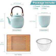 Dujust Juego de té japonés, juego de té de porcelana cian-azul con 1 juego de tetera, 6 tazas de té, 1 bandeja de té, 1 infusor de acero inoxidable, juego de té asiático para amantes del - Verde - Ver 3