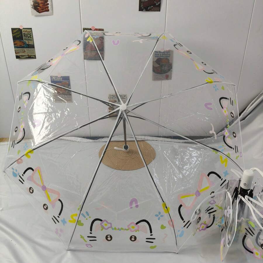 1pc Fully Automatic PVC Material Cute Line Drawing Cat Folding Transparent Umbrella, Thickened And Reinforced Umbrella Ribs. Cute And Compact, Household Item - Transparent Umbrella Series - View 1