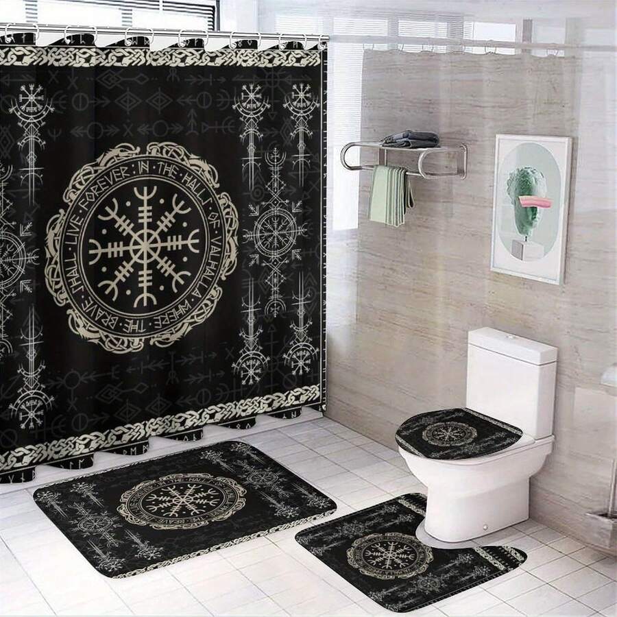 Juego de 4 piezas para baño, cortina de ducha con diseño de brújula retro mágica y símbolos místicos nórdicos, alfombra de baño, tapete
