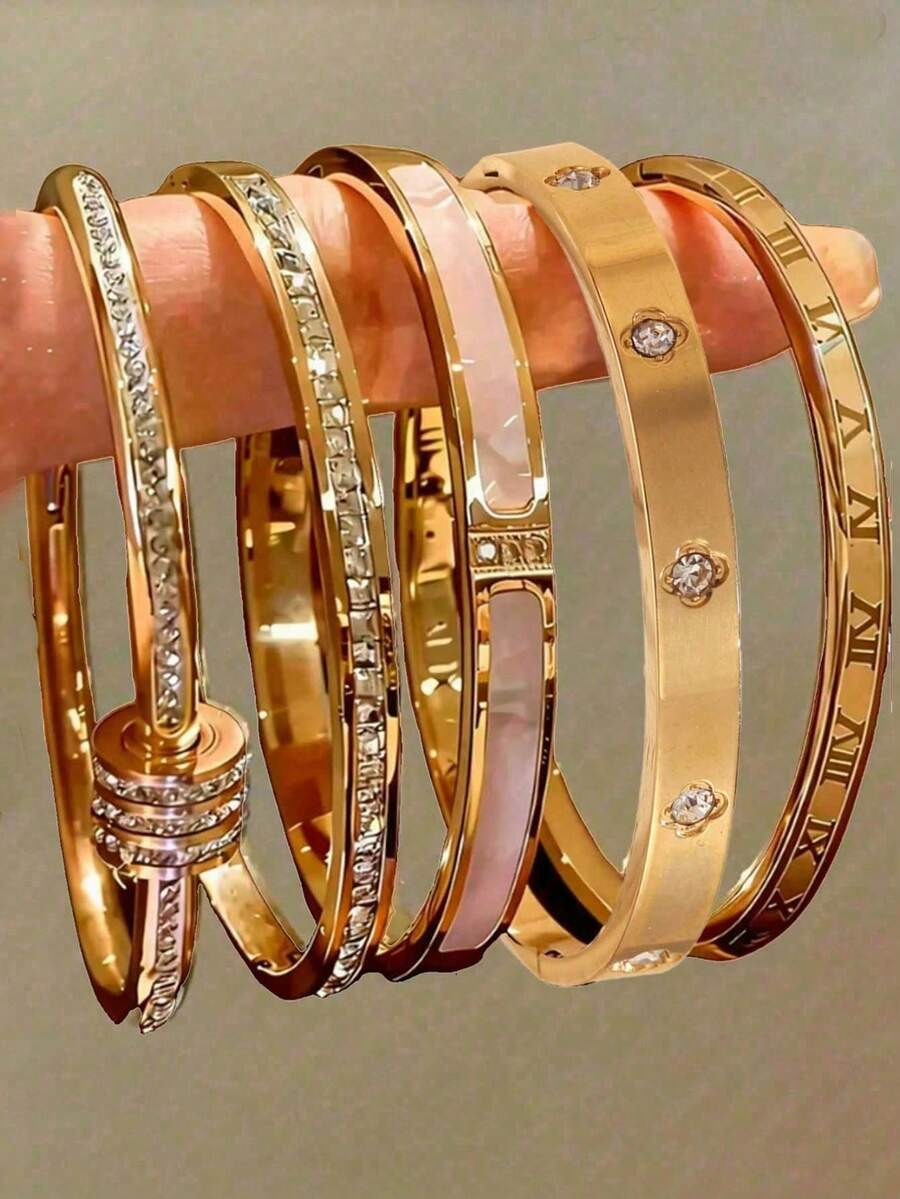 1pc/5pcs New Arrival Minimalist Elegant Luxury Sparkling Star Bangle Bracelet, Titanium Steel Bracelet For Women - Gold - View 1
