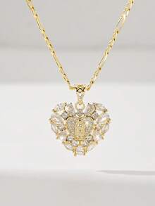 14K Gold Plated Copper Women's Heart-Shaped Christian Necklace, With A Rounded Heart Silhouette, Inlaid With Classic Images Of Virgin Mary, Judas And Death, Edged With Transparent Zirconia To Enhance Soft Texture. Paired With 60cm Chain, Suitable For V-Neck, High Neck Or Layered Wear, Perfect For Daily Commute And Church Activities, Combining Feminine Softness And Faith Expression. - Virgin Mary - View 2