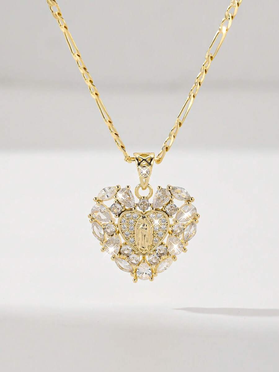 14K Gold Plated Copper Women's Heart-Shaped Christian Necklace, With A Rounded Heart Silhouette, Inlaid With Classic Images Of Virgin Mary, Judas And Death, Edged With Transparent Zirconia To Enhance Soft Texture. Paired With 60cm Chain, Suitable For V-Neck, High Neck Or Layered Wear, Perfect For Daily Commute And Church Activities, Combining Feminine Softness And Faith Expression.