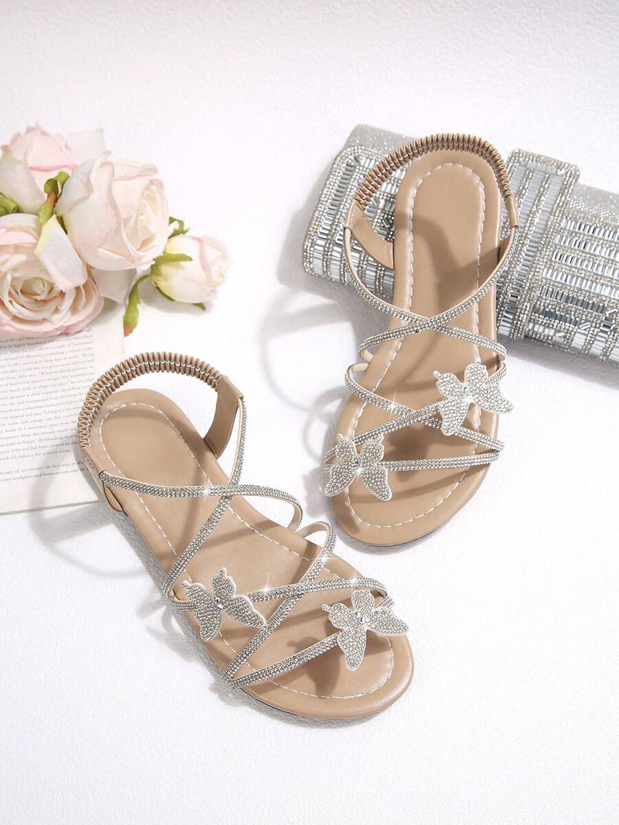 SHEIN MOD Summer New Casual Fashion Slip-On Round Toe Glass Rhinestone Cute Bow Flat Sandals, Suitable For Dresses, Beach, Vacation, Goddess Style - Apricot - View 1