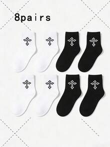 2/8/10 Pairs Men's Cross Design Fashionable Casual Versatile Mid-Calf Socks - Black and White - View 7