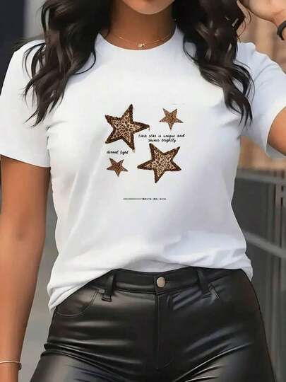 Mujer Camiseta Blanca con Estrellas de Leopardo Estilo Casual Moda Urbana para Mujeres Talla Regular Cuello Redondo Manga Corta Verano 2024