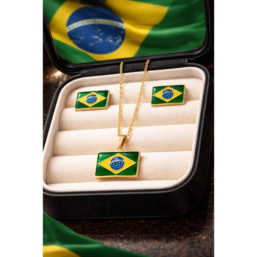 Women's Necklace And Earrings Set - Brazil World Cup Heart And Flag - Gold Plated - 金旗 - 查看 1
