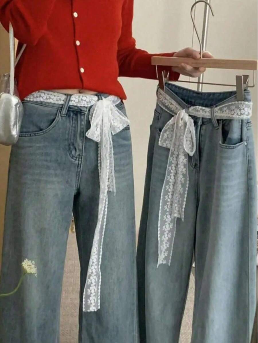 1 pezzo Cintura in vita con fiocco in pizzo da donna, cintura fascia con ricamo floreale vintage, cintura decorativa elegante adatta per jeans, abiti e gonne, accessorio di moda dallo stile Y2K - Multicolore - Visualizzare 1