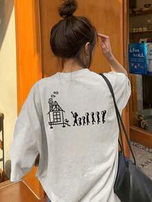 Camiseta de manga corta con estampado de dibujos animados Y2K, camiseta holgada de verano para mujer de cuello redondo versátil y ajuste delgado - Gris Claro - Ver 1