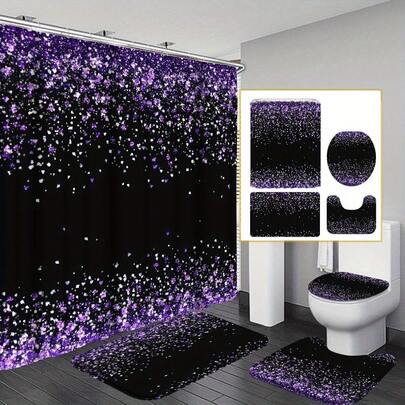 4-Piece Black And Purple Glitter Diamond Bathroom Window Curtain Shower Set, Shiny Glitter Shower Curtain Set With Rug, Luxury Textured Shower Curtain Set With 12 Hooks, Bath Mat, U-Shaped Bath Mat And Toilet Lid, Modern Bathroom Decor