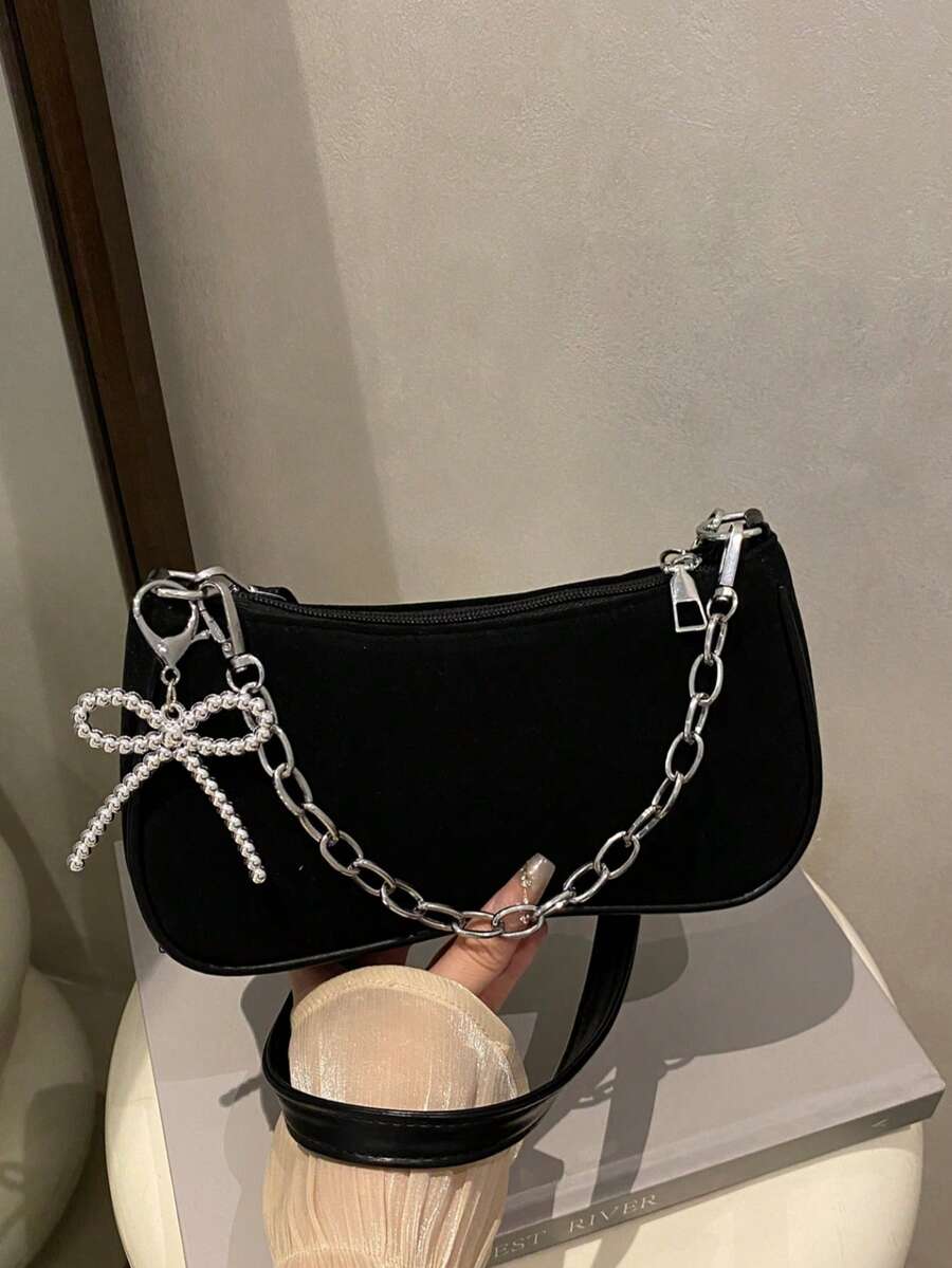 New Fashionable Versatile Textured Chain Shoulder Bag, Underarm Handbag For Women - Black - View 1