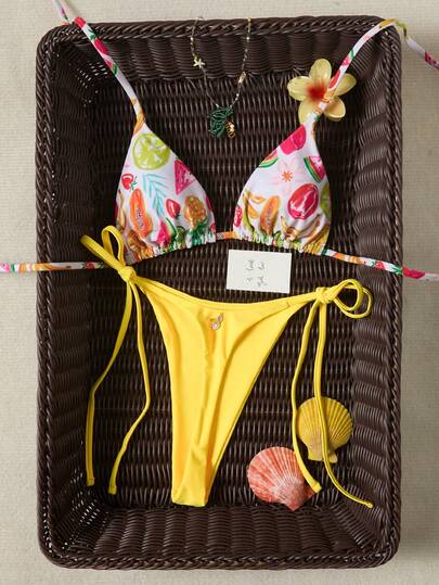 女士时尚露背系带比基尼套装，可爱水果印花，适合夏季海滩度假