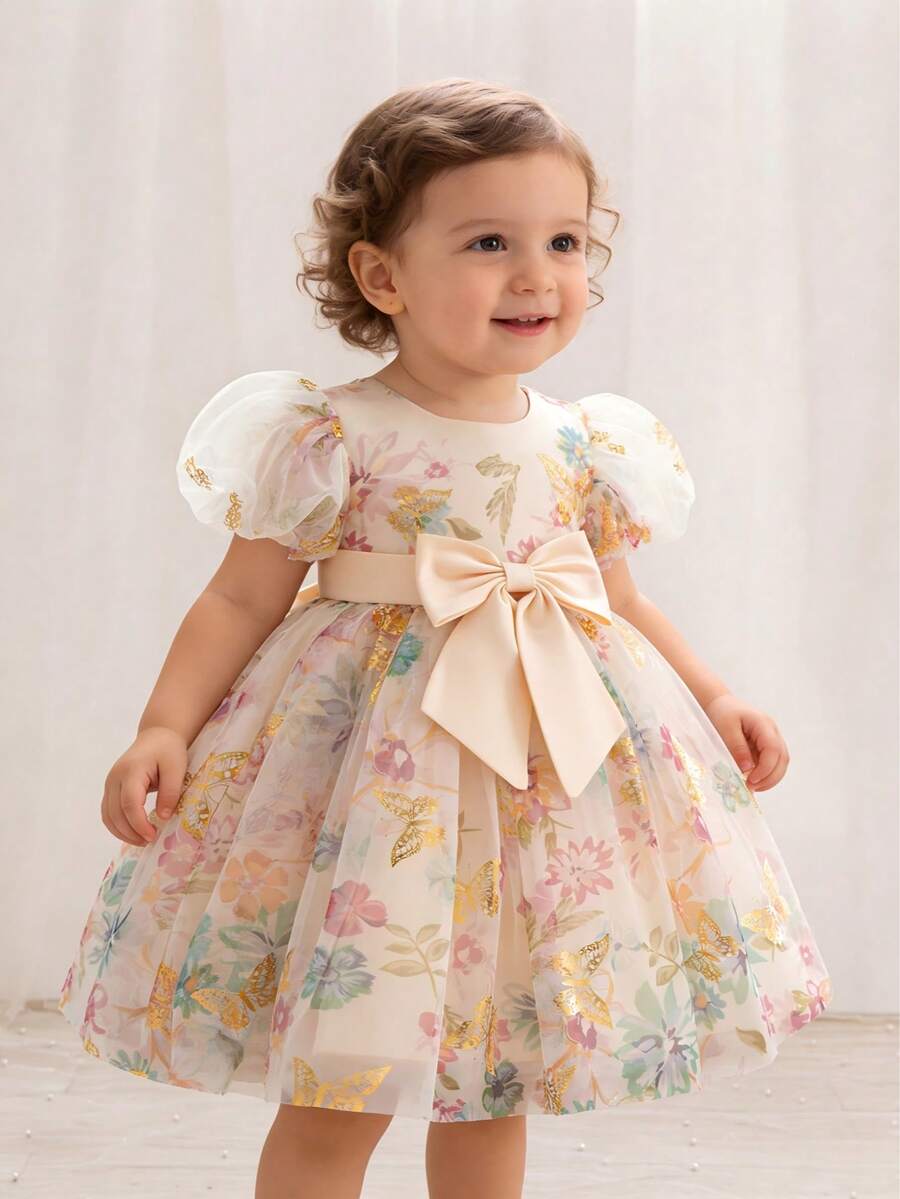 1pc Girls' Floral & Butterfly Mesh Dress - Puff Sleeve Bow Princess Gown, Suitable For Wedding, Birthday And Runway - Champagne - View 1