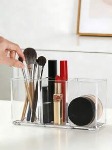 1 pieza Caja de almacenamiento de maquillaje y suministros de oficina de múltiples compartimentos de acrílico transparente - Organizador de escritorio con 3 ranuras y soporte para brochas, soporte de tocador ahorrador de espacio, caja organizadora de escritorio de plástico duradero (caja de almacenamiento para decoración del hogar), organizador de maquillaje, decoración de dormitorio, decoración del hogar - transparente - Ver 7
