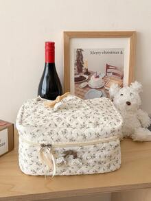 Floral Quilted Countryside Cosmetic Bag, Cute Cherry Applique Large Capacity Handbag Pouch, Girly Toiletry Organizer Make Up Bag Toiletry Bag Makeup Pouch Wash Bag Makeup Storage Mothers Day Gift Holiday Essentials Mother Gifts - Brown - View 1