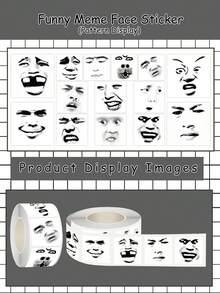 500张趣味表情贴纸卷，黑白卡通表情贴纸，适用于日记本、计划本、笔记本电脑、手机、水瓶、礼品包装，方形不干胶标签，散装贴纸，趣味贴纸，Kindle剪贴簿用品，笔记本电脑贴纸 - 搞笑表情包 - 查看 2