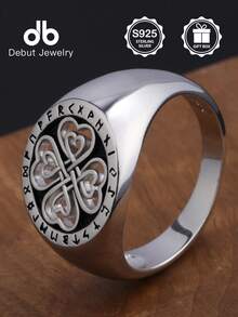 1pc S925 Sterling Silver Nordic Viking Rune Symbol Ring, Celtic Knot Four-Leaf Clover Vintage Punk Style Ring For Men, Hollow Celtic Heart Design, Suitable For Daily Wear And Parties, Gift Box Included - Four-leaf Clover Kuhn Rune - View 1