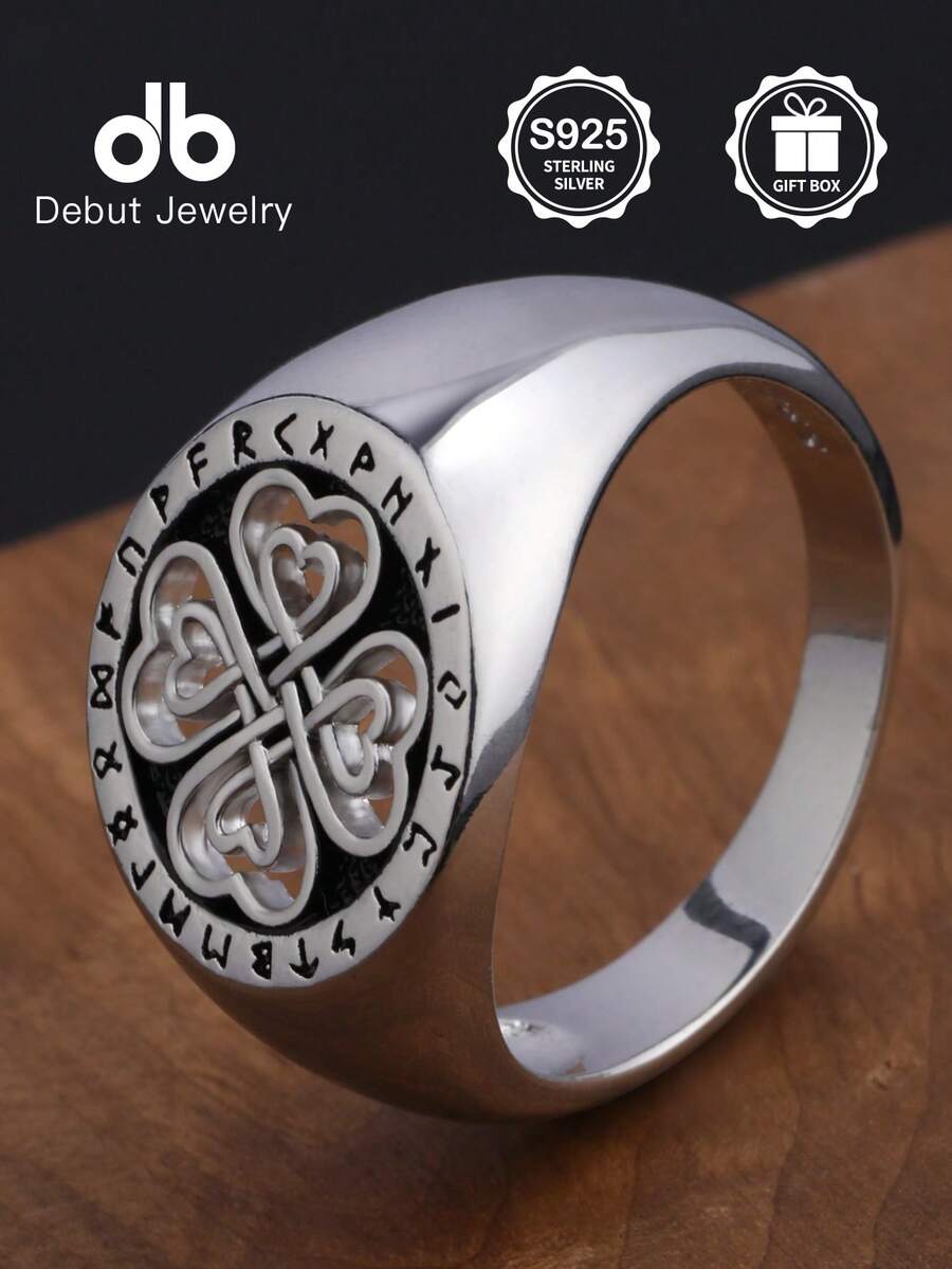 1pc S925 Sterling Silver Nordic Viking Rune Symbol Ring, Celtic Knot Four-Leaf Clover Vintage Punk Style Ring For Men, Hollow Celtic Heart Design, Suitable For Daily Wear And Parties, Gift Box Included - Four-leaf Clover Kuhn Rune - View 1