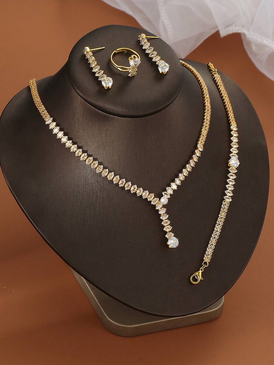 5pcs/Set Girls Necklace Bracelet Earrings Ring Jewelry Set, Fashionable Elegant Luxury Accessories Suitable For Weddings, Daily Decoration - Gold - View 1