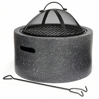 Fire Pit – 2 In 1 Firepit With BBQ Cooking Grill For Outdoor, Garden, Patio – MgO Material, Stone Effect Finish, Fire Poker & Mesh Cover Included, Carry Handles – Use Wood Or Charcoal To Fuel