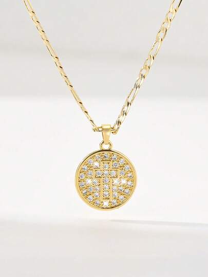  1pc Classic European & American Style Copper Inlaid Zirconia Small Vintage Gold Round Cross Pendant Necklace, Limited Edition, Suitable For Christmas/Thanksgiving/Halloween/Mother's Day/Valentine's Day Gifts For Couples/Friends/Godparents, Catholic First Communion, Everyday & Holiday Wear, Prayer