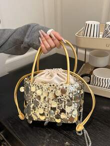 时尚休闲亮片水桶包，复古优雅单肩斜挎包 - 金色 - 查看 2