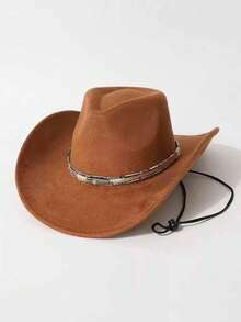 1pc Women's Western Cowboy Hat, Faux Suede Woven Band Design With Windproof Rope, Spring/Autumn Daily Wear/Stage Performance/Western Theme Party - Top Hat - View 5