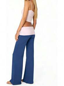 Wide Leg Sweatpants For Women Fold Over Low Rise Flare Yoga Lounge Pants Back To School Clothes For Teen Girls - Pink Blue - View 4