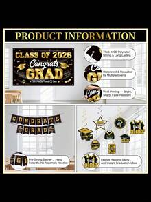 15 piezas - Conjunto de decoración para graduación 2026: Decoraciones para fiesta de graduación en negro y dorado, que incluyen pancarta de felicitaciones de graduación, telón de fondo de graduación y suministros para fiesta 2026 - Conjunto de graduación negro y dorado - Ver 5