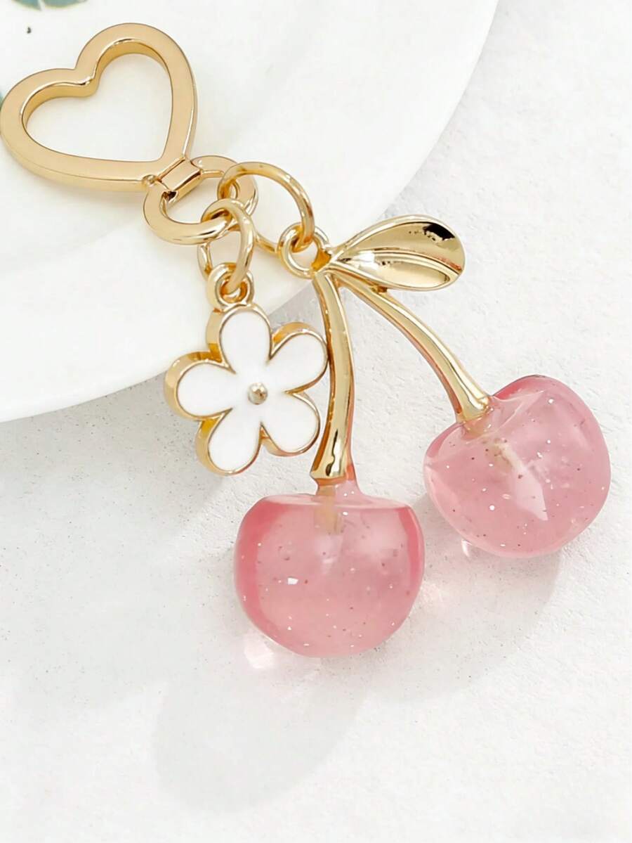 New Shiny Artificial Cherry Keychain For Men And Women, Fashionable Exquisite 3D Cherry Blossom Pendant, Creative Bag Charm Versatile Small Accessories - 紅色 - 查看 1