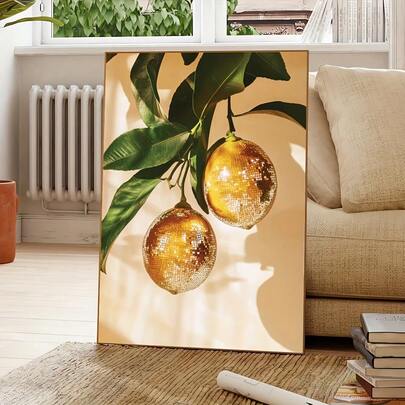 1pc Frameless Disco Ball Lemon Fashion Wall Art Canvas Printing - Modern Minimalist Vertical Poster With Vibrant Ink On Canvas, Suitable For Kitchens Decor,Room Decor, Home Decor, Bedroom Decor, Wall Decor, Living Room Decor,Offices Decor,Room Accessories, Western Decor, Lemon Decoration, Bedroom Artwork, Textured Appearance